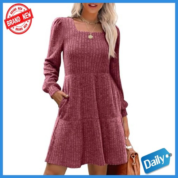 Long Sleeve Babydoll Sweater Dress Square Neck Flowy Tunic - Picture 3 of 8